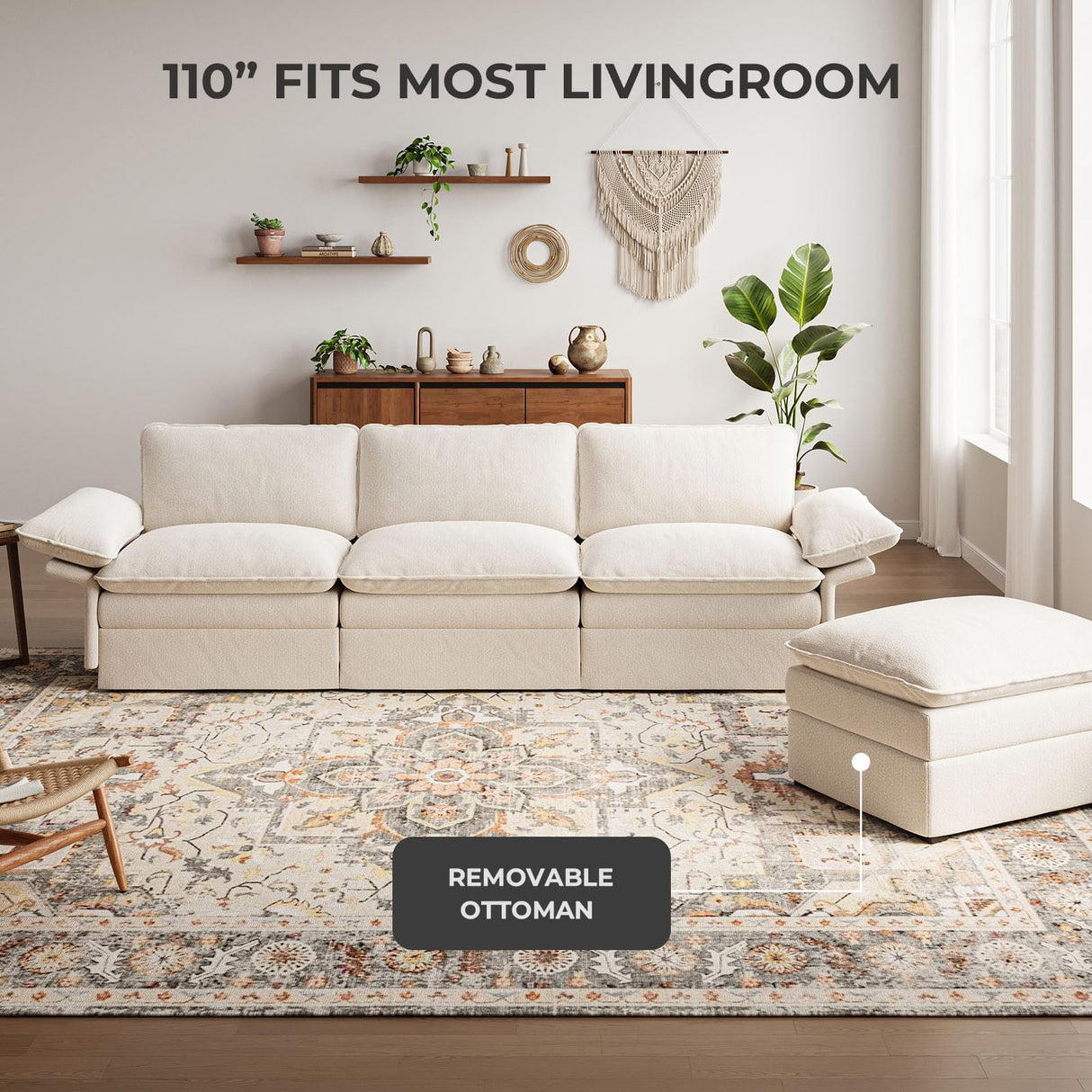 TROMIRY 110" Cloud Couch for Living Room Fluffy Comfy Couches for Apartment | 3 Seater Sectional Couch with Ottoman | Ivory White TROMIRY