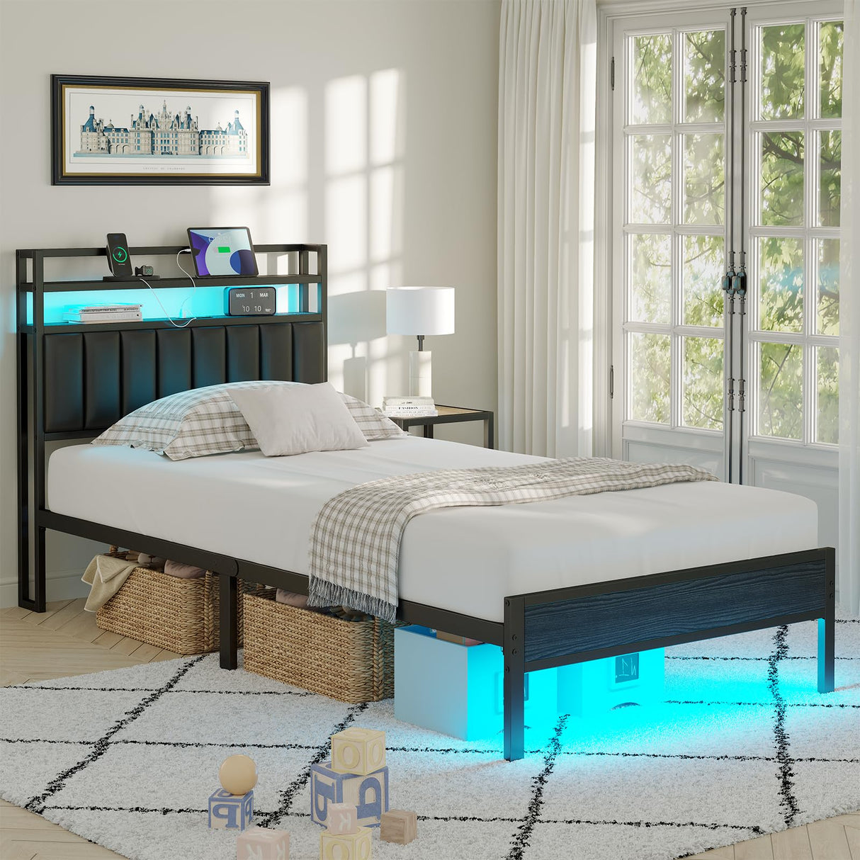 CollaredEagle Twin Size Bed Frame with Headboard, Metal Bed Frame with Charging Station and LED Lights, Heavy Duty Bed with Storage Shelves,Noise Free,No Box Spring,Black CollaredEagle