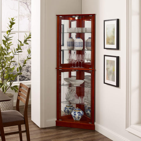 KUVADAZ Lighted Corner Curio Display Cabinet with Doors, 6 Tiers Corner Curio Cabinet with Adjustable Tempered Glass Shelves and Mirrored Back Panel, Modern Glass Display Cabinet No Bulb Cherry KUVADAZ
