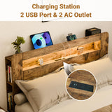 Zevemomo Queen Size Bed Frame with Charging Station, LED Lights & Noise-Free Design in Rustic Brown Zevemomo