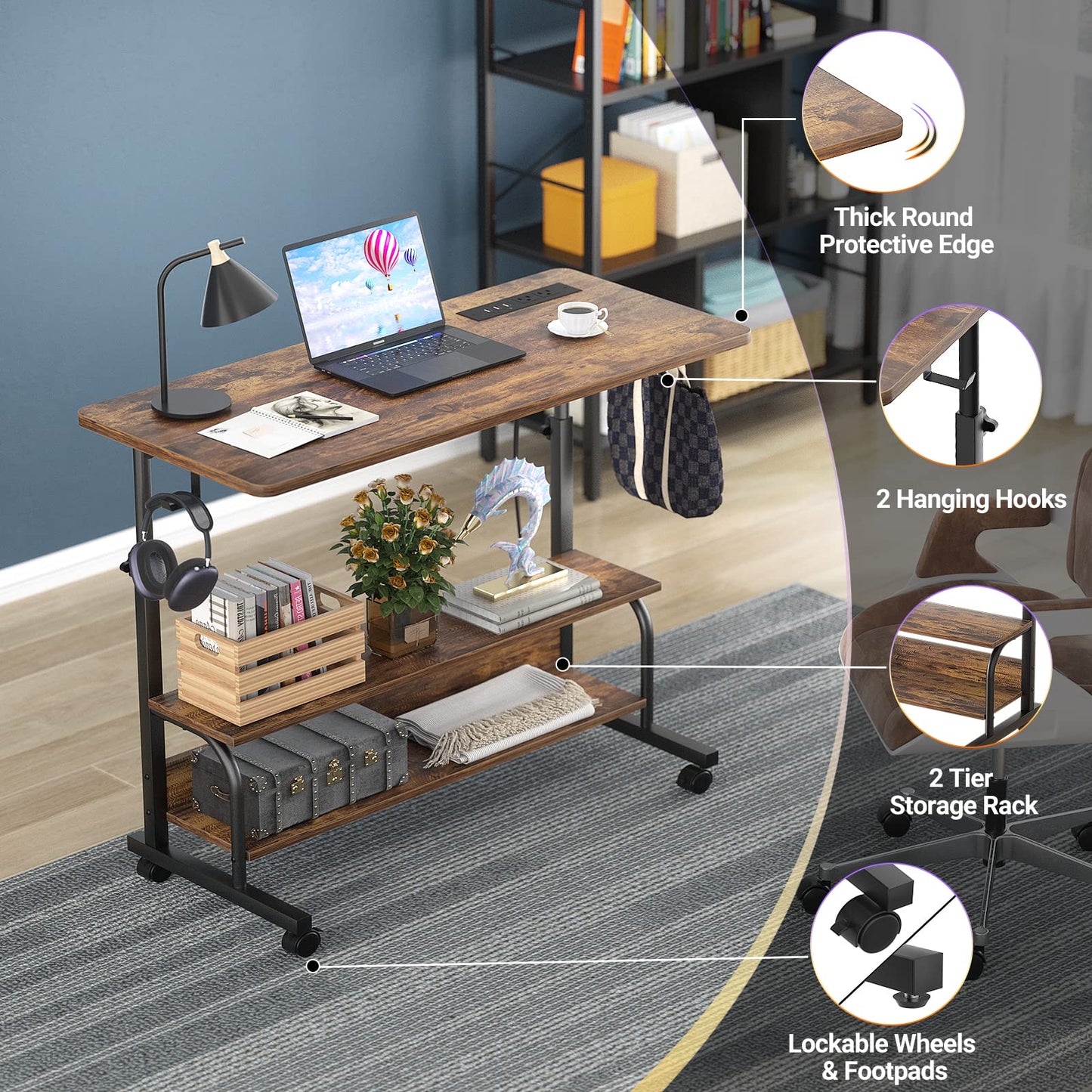 Height Adjustable Standing Desk with Power Outlets, 32" Manual Stand Up Desk with Storage Shelves Small Mobile Rolling Computer Desk Portable Laptop Table with Wheels for Home Office, Rustic - WoodArtSupply