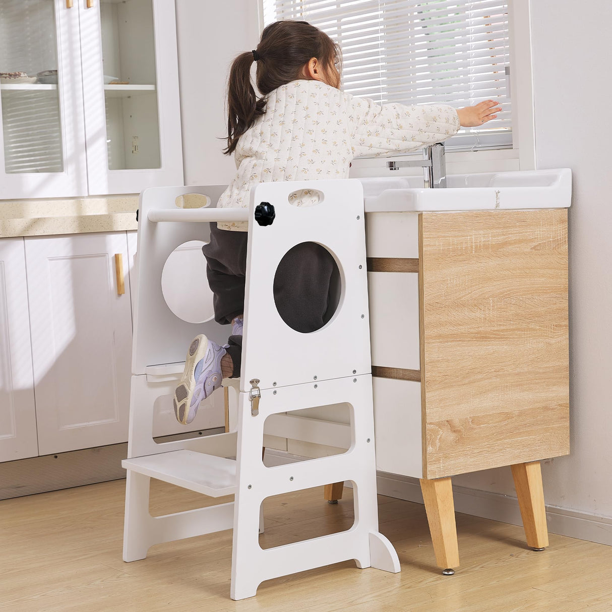 White Toddler Tower Step Stool for Kids Kitchen Stool Helper Toddler Standing Tower Foldable Toddler Table Kids Table and Chair Set 4 in 1 Montessori Helper Tower SHWWQUE