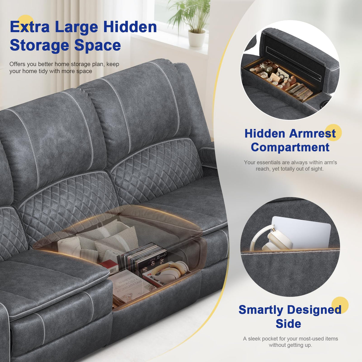 Recliner Sofa 3 Seater Sofa with Recliner, Home Theater Seating with Liftable Console & Removable Armrest, Manual Velvet Fabric Reclining Couch with Cup Holders & USB Ports for Living Room/RV (Grey) MOSGAT