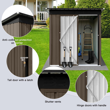 Acosure 5x4 FT Metal Outdoor Storage Shed,Lockable Garden Tool Sheds with Pitched Roof and Shutter Vents,Practical Weatherproof House for Backyard Lawn,Brown+Black Acosure