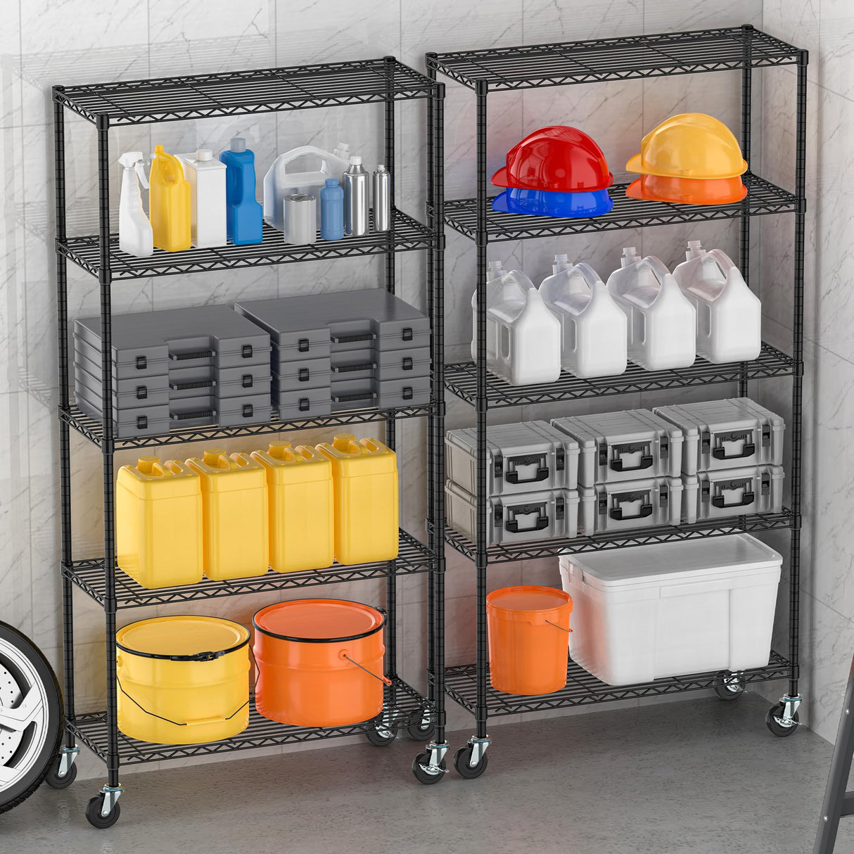 Folews Heavy Duty Storage Shelves 5-Tier, Wire Shelving Unit with Wheels & Adjustable Feet Metal Shelf Rack for Garage, Kitchen, Pantry, Laundry Room 400 Lbs Per Shelf - 14x36x75 Folews