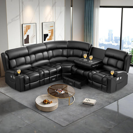 IROSTAE Reclining Sectional Sofa Set for Home Theater Seating, 5 Seater L Shaped Sectional Reliner Couch with 2 Flip Back Console & Storage Drawer, USB Ports, Cup Holder, Insert Pockets, Black IROSTAE