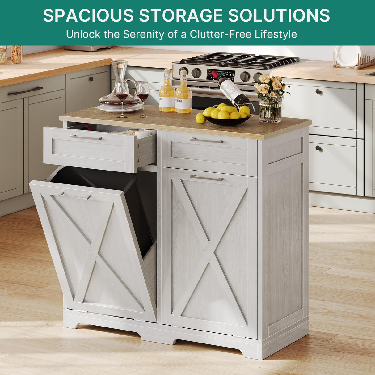 YITAHOME Double Tilt Out Trash Cabinet 20 Gallon, Wooden Free Standing Laundry Cabinet with Barn Doors, Kitchen Trash Recycling Cabinet with 2 Drawer, Tilt-Out Hamper for Kitchen, Off White YITAHOME