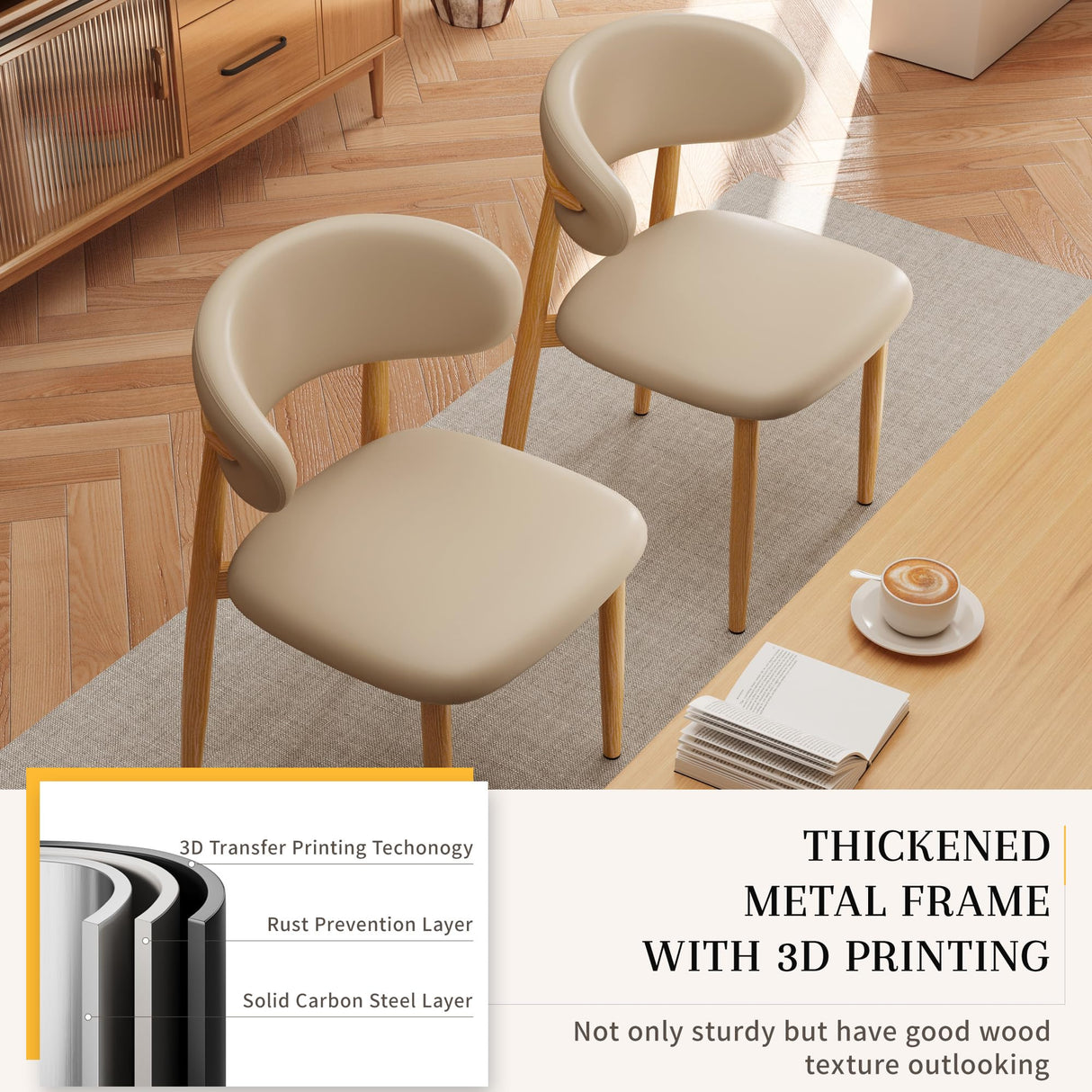 JCAJCA Kitchen Dining Chairs Set of 4 Modern Upholstered Leather Farmhouse Dining Room Chair with Metal Legs, Burlywood/Khaki JCAJCA