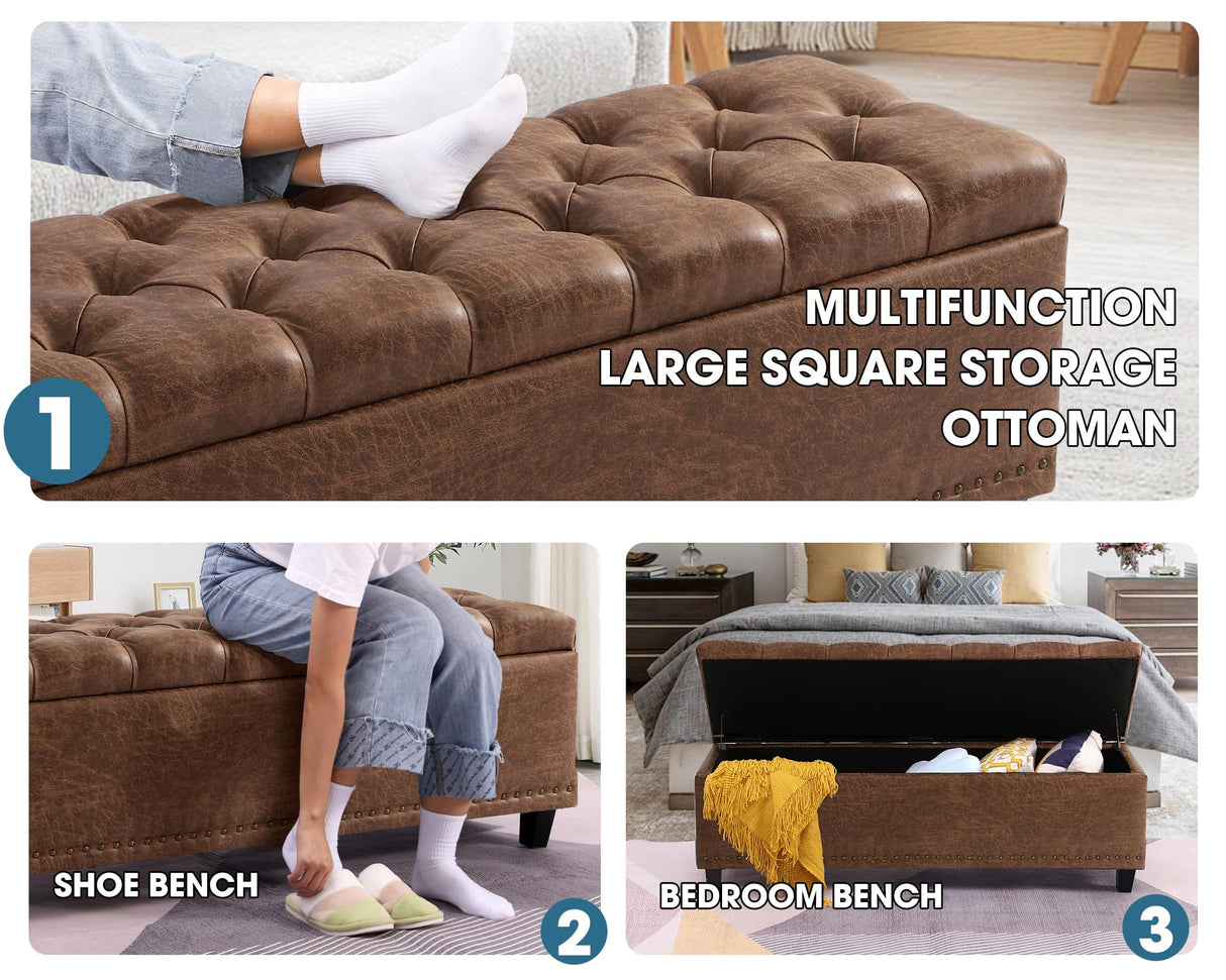 Grepatio 51" Ottoman Storage Benches, 30 Gallons End of Bed Storage Bench, Large Rectangular Ottoman, Button-Tufted Ottomans with Storage for Living Room Bedroom, Foot of Bed (Brown) Grepatio