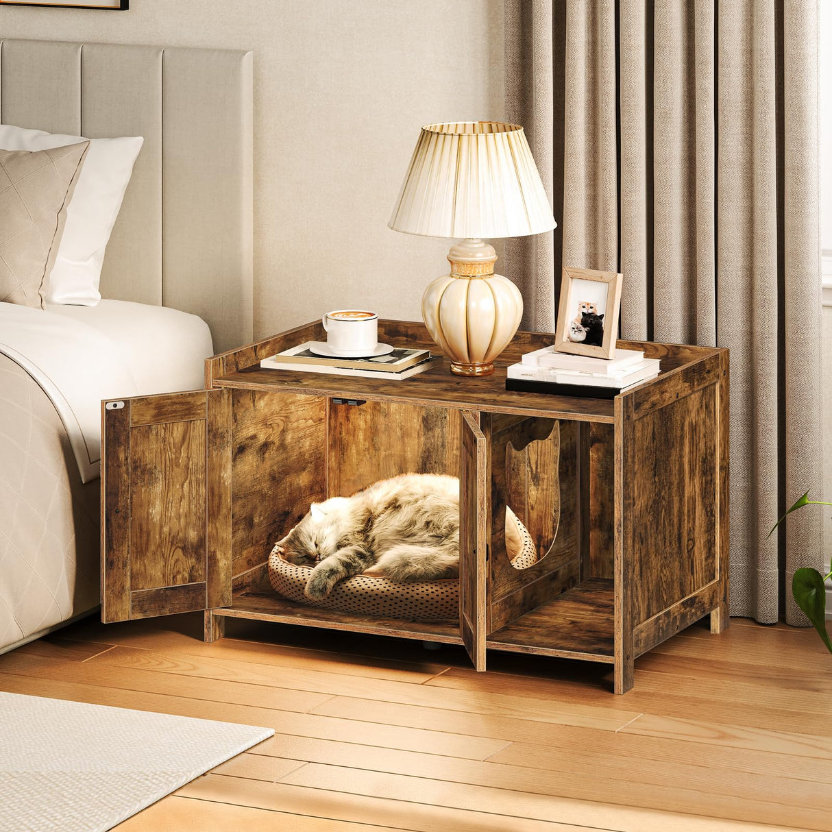 MAHANCRIS Cat Litter Box Enclosure, Hidden Litter Box Furniture with Divider, Wooden Cat Washroom Storage Cabinet Bench, Indoor Cat House Side End Table Nightstand, Rustic Brown CWHR2501Z MAHANCRIS