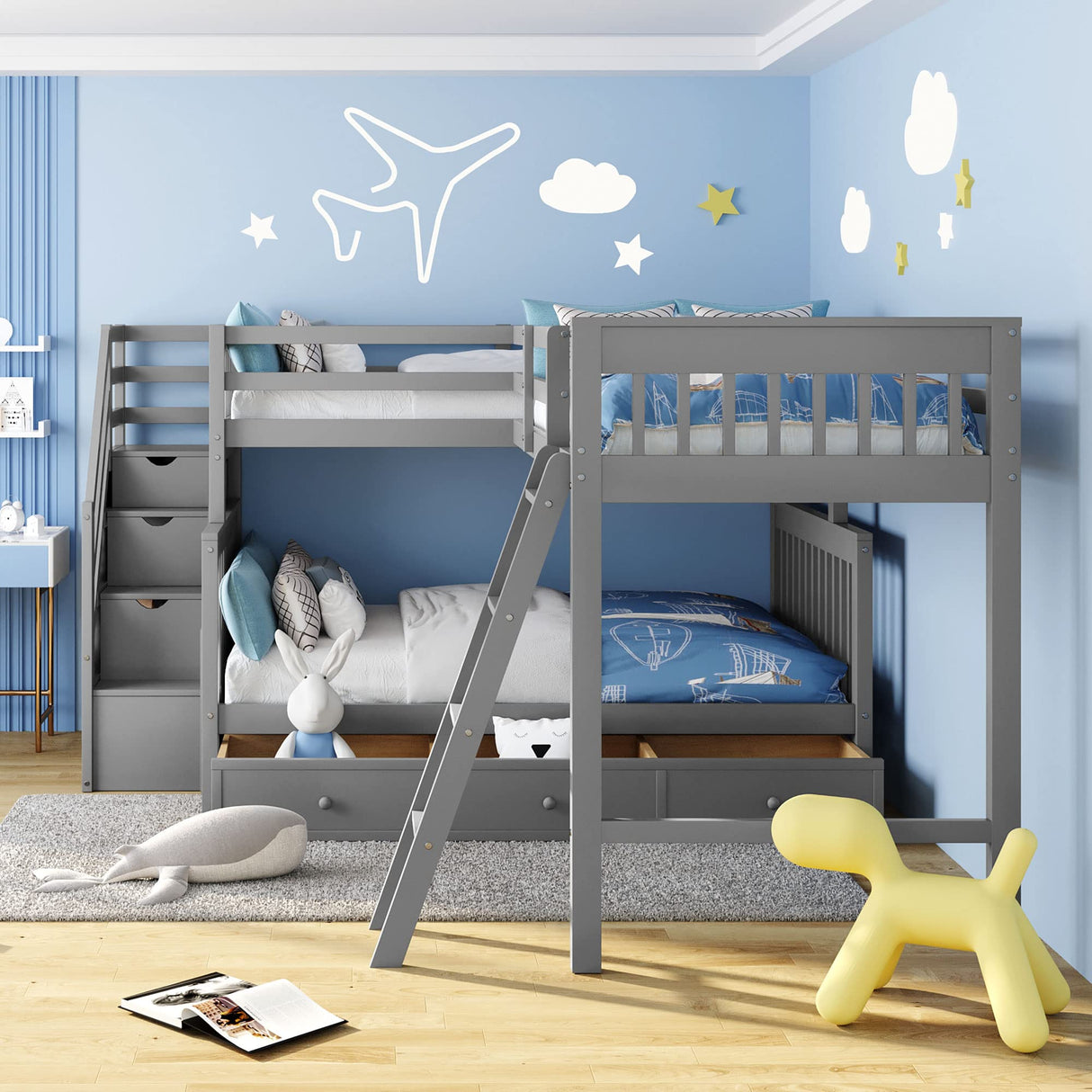 L Shaped Bunk Beds for 3, Triple Bunk Bed with Stairs and 3 Storage Drawers, Twin Over Full Bunk Bed with Twin Size Loft Bed attached, Wooden Bunk Bed Frame for Kids Teens Girls Boys (Gray) Harper & Bright Designs