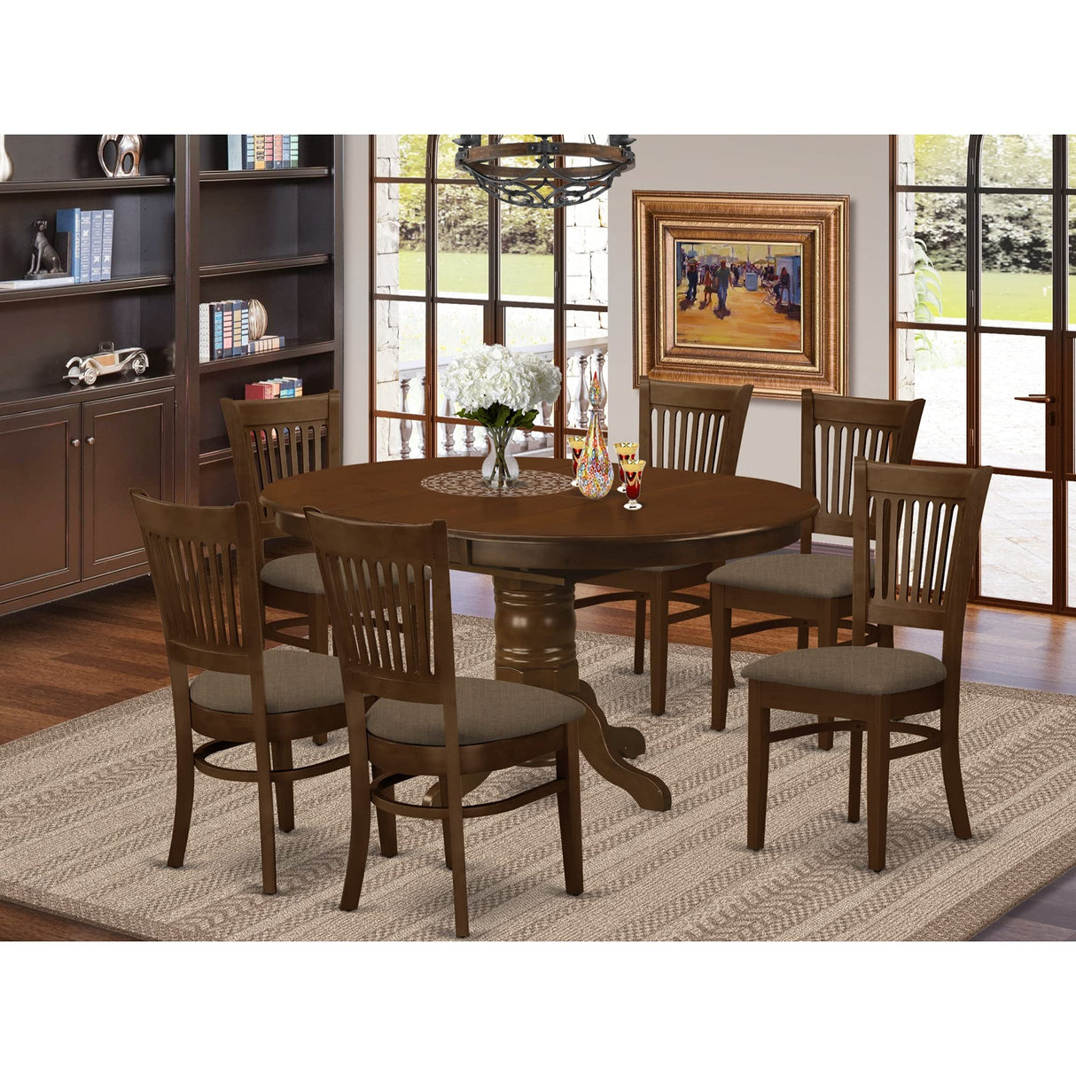 East West Furniture KEVA7-ESP-C 7 Piece Kitchen Table & Chairs Set Consist of an Oval Dining Room Table with Butterfly Leaf and 6 Linen Fabric Upholstered Chairs, 42x60 Inch, Espresso East West Furniture