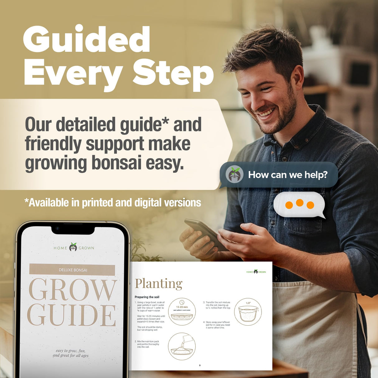 HOME GROWN Bonsai Tree Kit – Grow 4 Bonsai Types Indoors with Complete Starter Kit Including Pots Peat Pellets and Bonus Grow Guide – Unique Gardening Gift for Men Women Beginners HOME GROWN