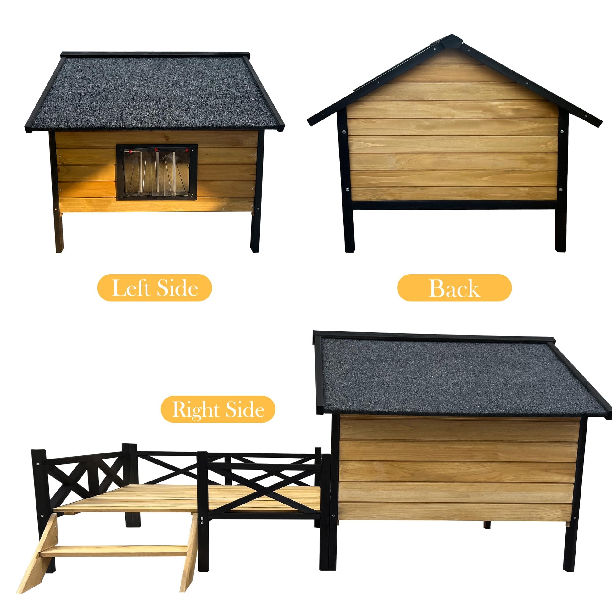 68'' Wooden Dog House Outdoor with Porch, Outside Dog House with Weather-Resistance Roof and Curtains, Wood Pet House Indoor Outdoor for Small Medium Dogs Pets, Natural - WoodArtSupply