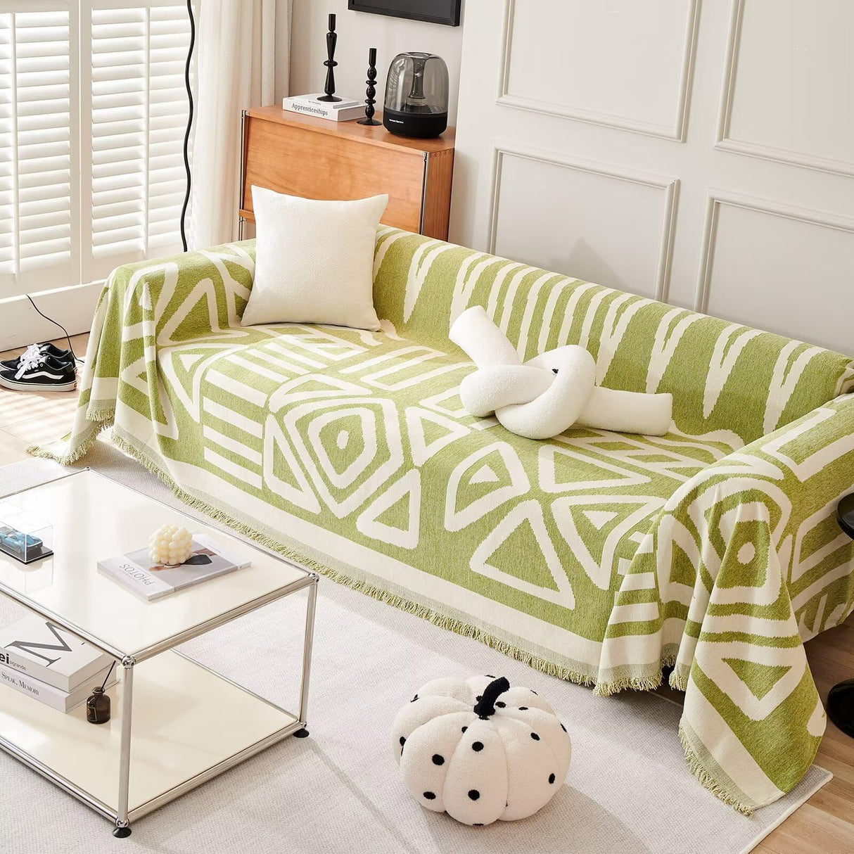 VClife Boho Couch Cover Non-slip Chenille Sectional Sofa Couch Cover for 2 Cushion Couch Sofa Modern Cream White Green Geometry Sofa Slipcover for Loveseat Washable Furniture Protector Cover 71"x 118" VClife