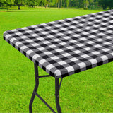 Smiry Rectangle Picnic Table Cloth, Elastic Waterproof Fitted Vinyl Tablecloth for 6 FT Tables, Flannel Backed Buffalo Plaid Table Covers for Dining, Camping, Outdoor (Black and White, 30" x 72") Smiry