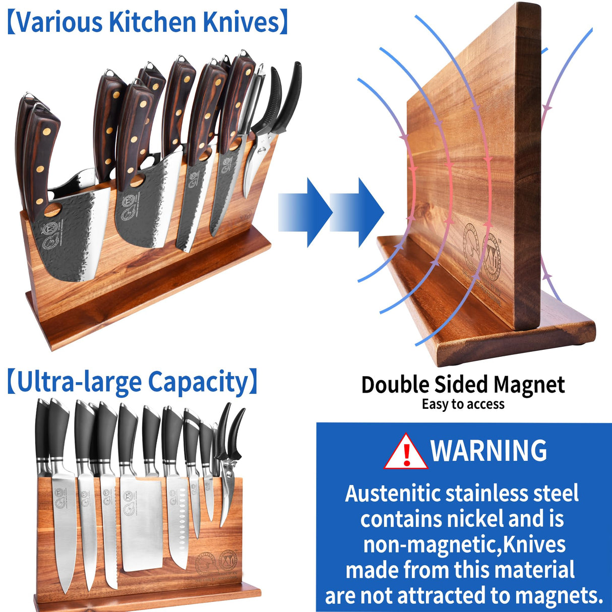 XYJ Extra Large Magnetic Knife Block Acacia Wood Knife Set Holder Stand With Stronge Magnetic Strip Kitchen Knives Storage Rack Organizer Tools No Drilling XYJ