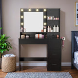 Furmax Vanity Desk with LED Lighted Mirror&Power Outlet, 39.3’’ Makeup Vanity Table with 4 Drawers and 3 Storage Shelves, Adjustable 3 Lighting Colorfor Bedroom&Dressing Room (Black) Furmax