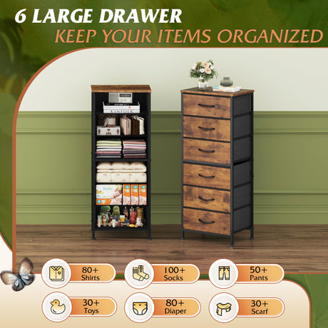 WLIVE Tall Dresser for Bedroom, 6 Drawer Dressers & Chests of Drawers, Fabric Dresser for Closet, Night Stand with Metal Frame, Storage Tower with Fabric Bins, Wood Top, Rustic Brown Wood Grain Print WLIVE