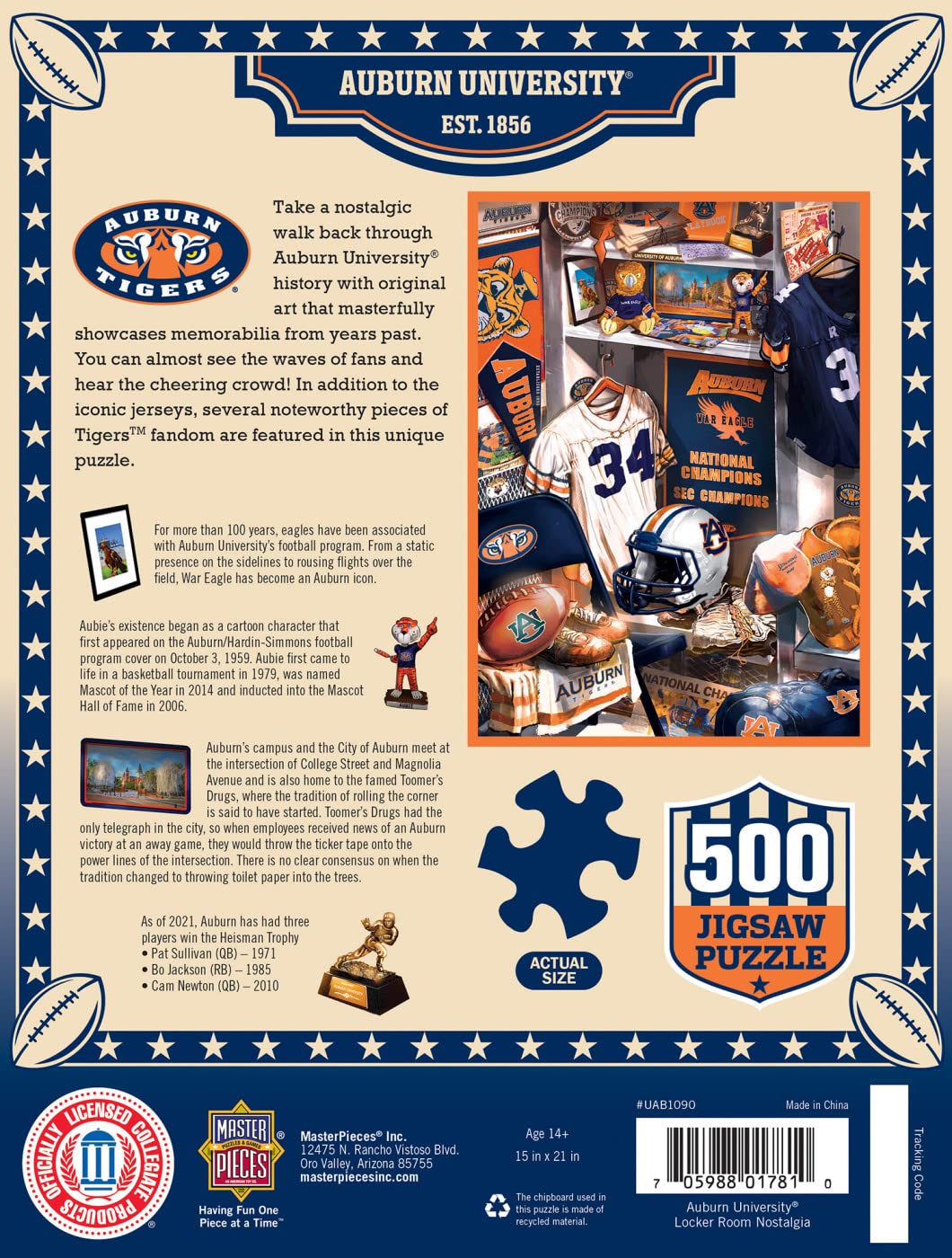 MasterPieces Game Day 500 Piece Jigsaw Puzzle for Adults - NCAA Auburn Tigers Locker Room - 15"x21" Masterpieces