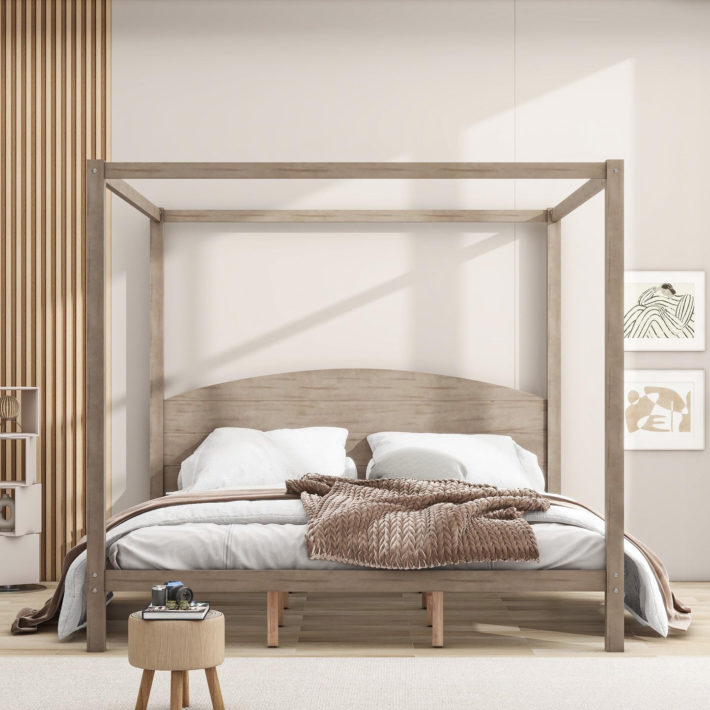 Harper & Bright Designs King Size Wooden Canopy Bed Frame with Headboard and Slat Support in Brown Wash - WoodArtSupply