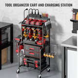 Power Tool Organizer Cart with Charging Station, Garage Floor Standing Rolling Drill and Tools Battery Storage Cart on Wheels, Rolling Tool Cart with 6 Outlet Power Strip FULOOPHI