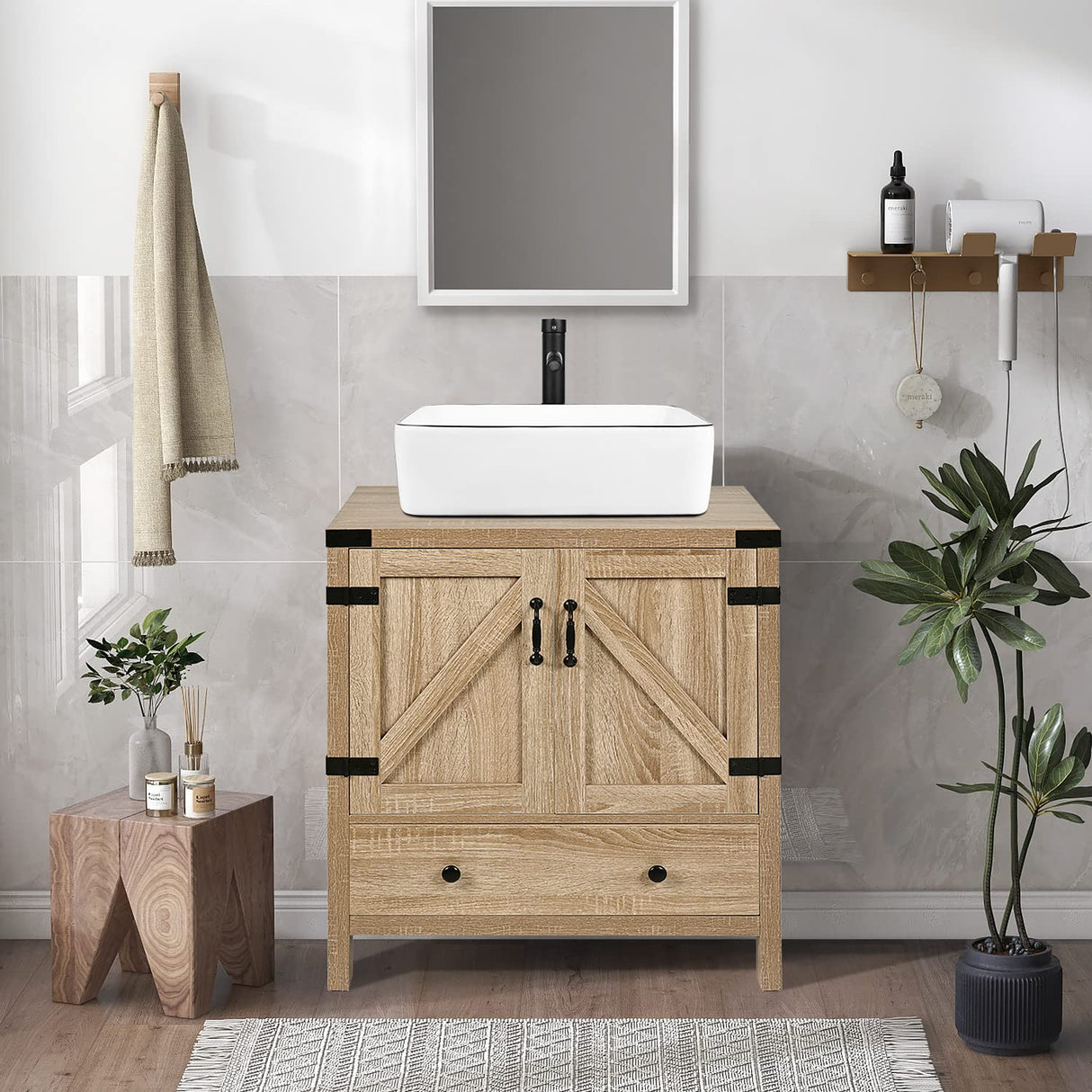 28" Natural Color Bathroom Vanity, Rustic Fixture Standing Pedestal Cabinet with White Ceramic Sink SOLIDEE