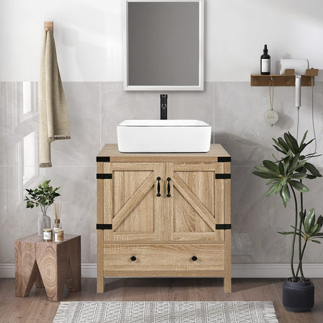28" Natural Color Bathroom Vanity, Rustic Fixture Standing Pedestal Cabinet with White Ceramic Sink SOLIDEE