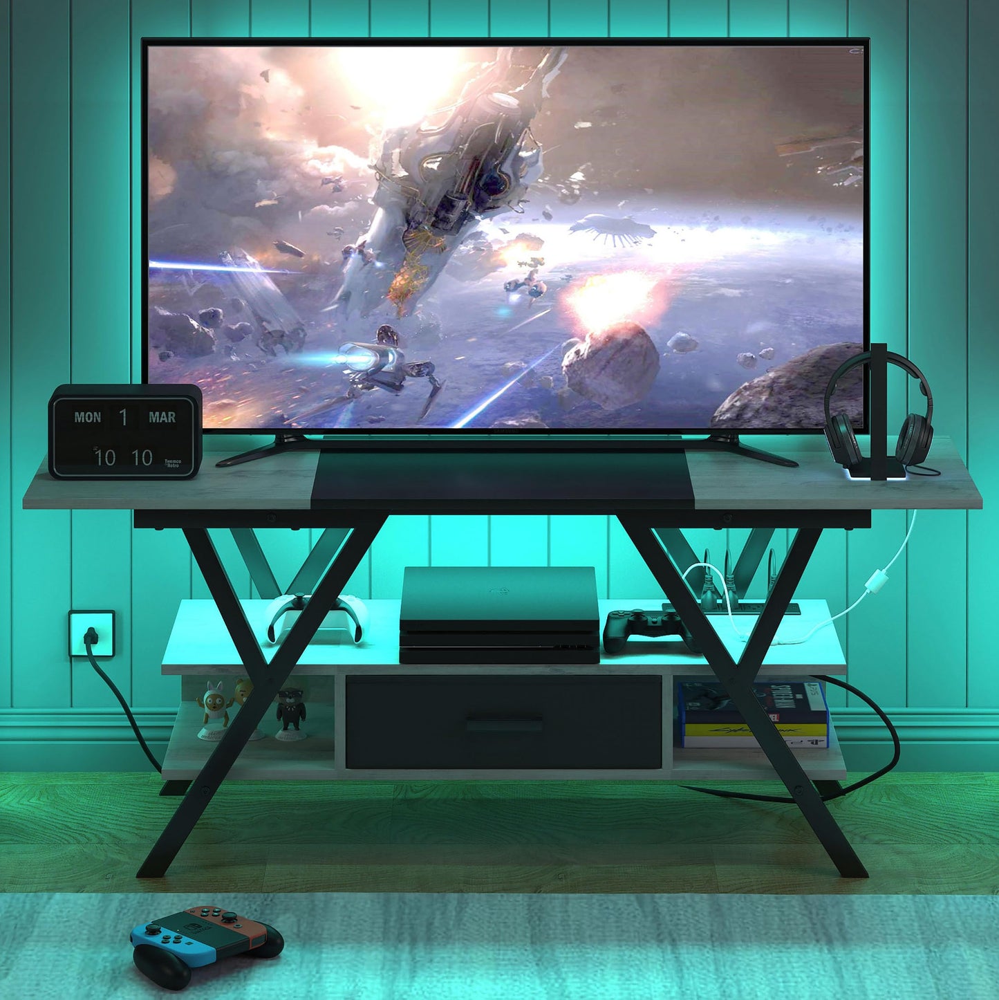 Yusong 65 inch LED TV Stand, Entertainment Center Gaming TV Table with Outlets, Up to 65" Media Console for Living Room, 29+DIY Dynamic RGB Modes, Greige and Black - WoodArtSupply