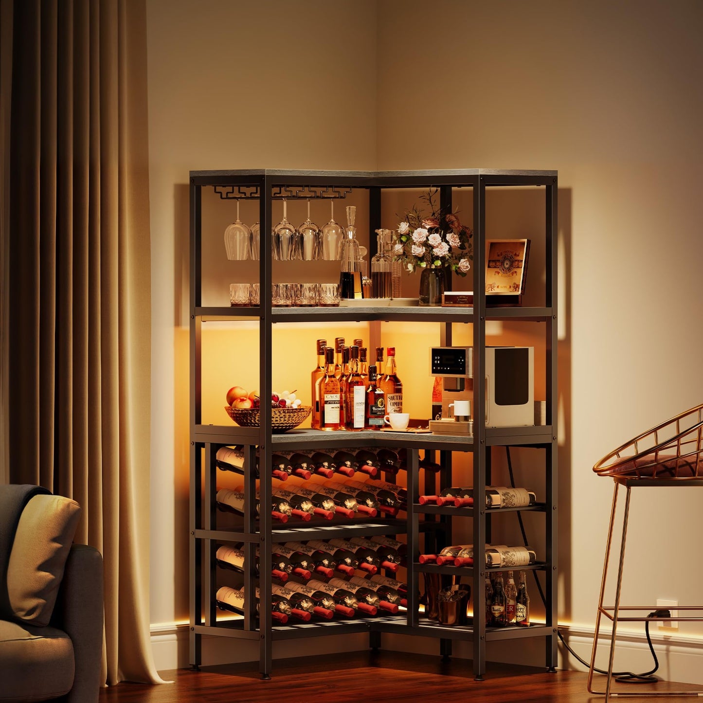 YITAHOME Large Corner Bar Wine Rack Cabinet, 5-Tier L Shaped Industrial Corner Wine Rack Open Display Liquor Storage Cabinet with LED Light and Power Outlet and Glass Holder, Dark Grey