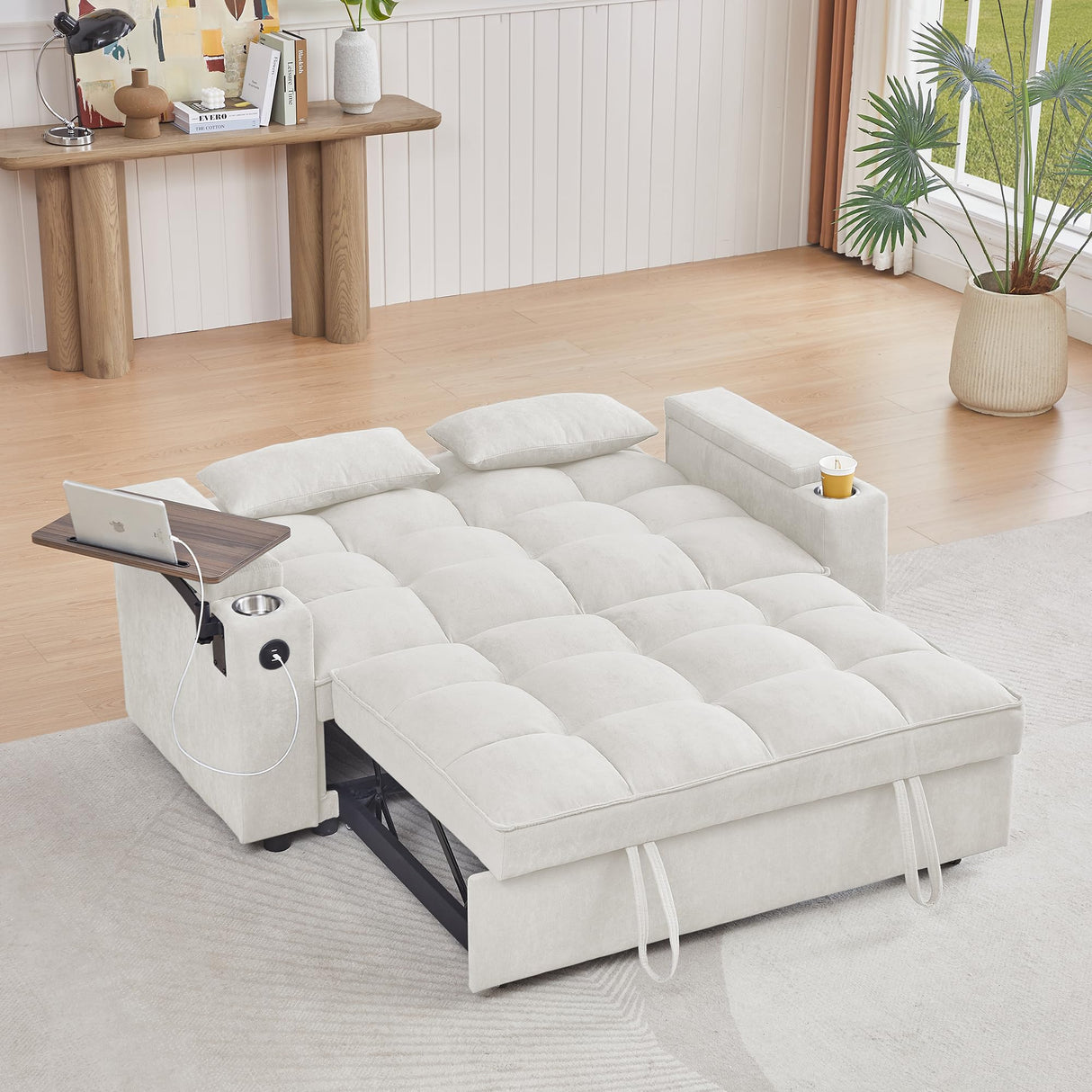 hansones 65'' 3-in-1 Convertible Sleeper Queen Sofa Modern Chenille Fabric Sofa Pullout Sofa 360 Degree Swivel Side Table, Easy to Assemble, for Living Room (White) hansones