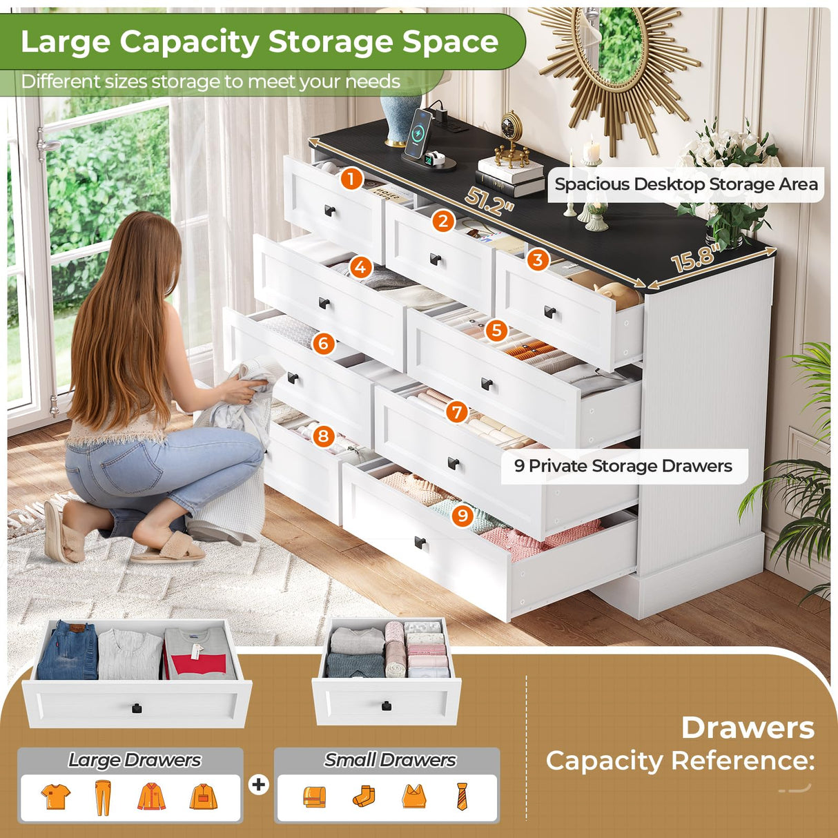 Hasuit Bedroom Dresser with 9 Drawers, 51.2‘’ Long Dresser TV Stand with Charging Station, Farmhouse Dresser Chest of Drawers, Large Wood Storage Organizer Dresser for Bedroom Living Room, White/Black Hasuit