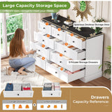 Hasuit Bedroom Dresser with 9 Drawers, 51.2‘’ Long Dresser TV Stand with Charging Station, Farmhouse Dresser Chest of Drawers, Large Wood Storage Organizer Dresser for Bedroom Living Room, White/Black Hasuit
