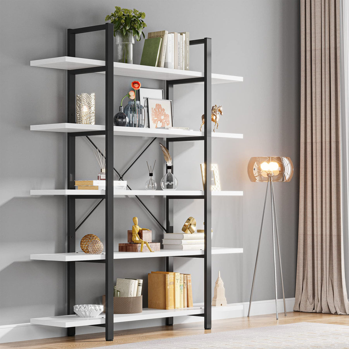 Vintage Industrial 5-Tier Bookshelf by Tribesigns - Extra Large White Bookcase for Stylish Storage Tribesigns