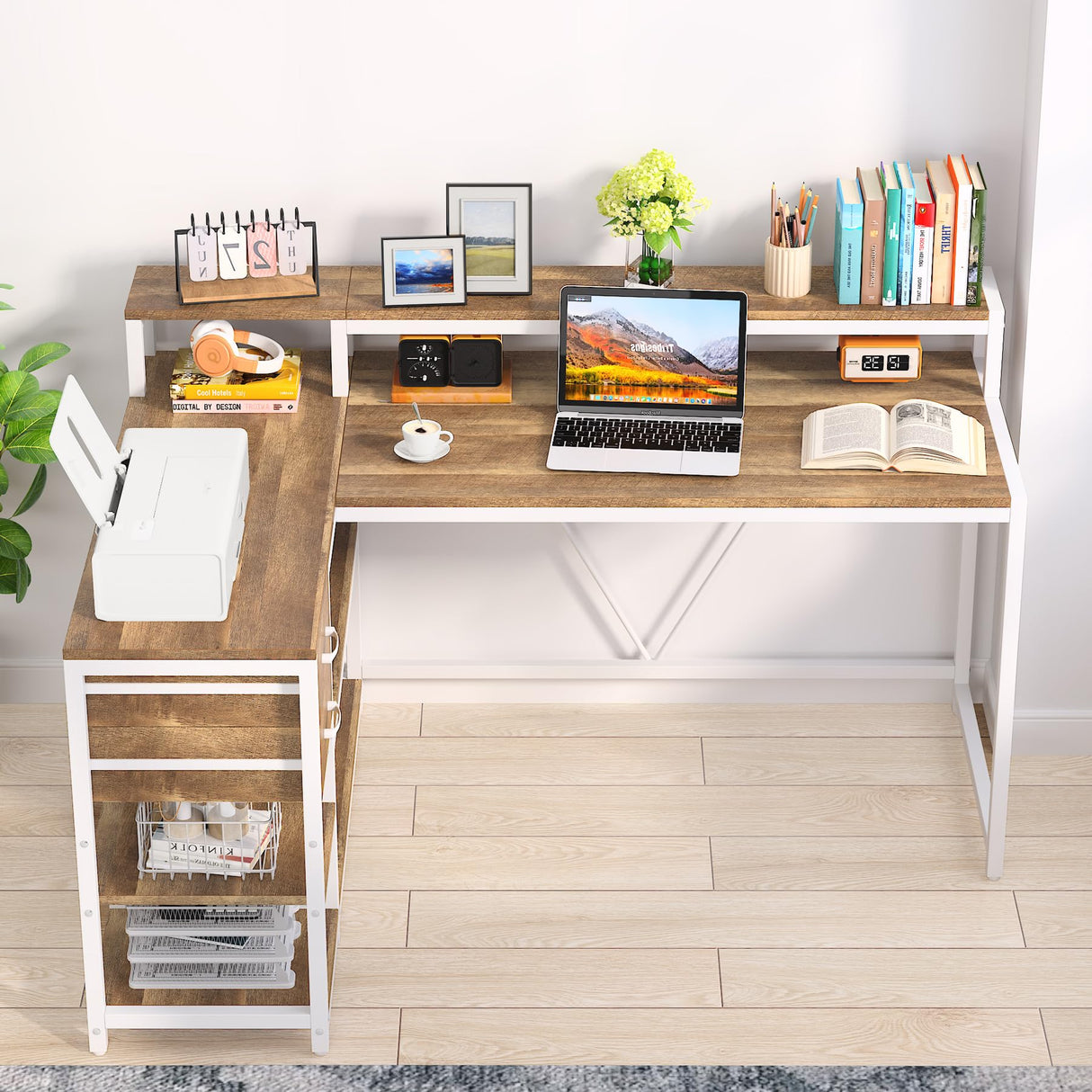 Tribesigns 55-Inch Reversible L-Shaped Desk with Drawers and Storage Shelves in Oak Tribesigns