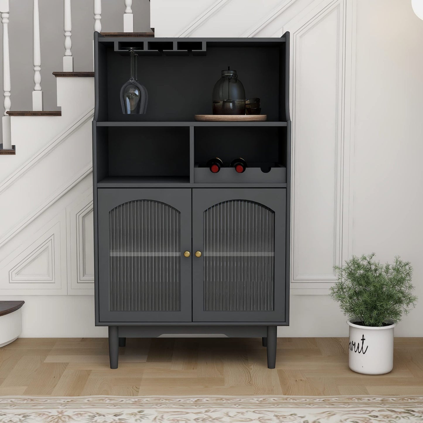 Loscear Wine Liquor Cabinet Bar for Home with Removable Wine Rack and Storage, Dark Grey Wood Coffee Bar Cabinets for Home with Solid Wood Legs and