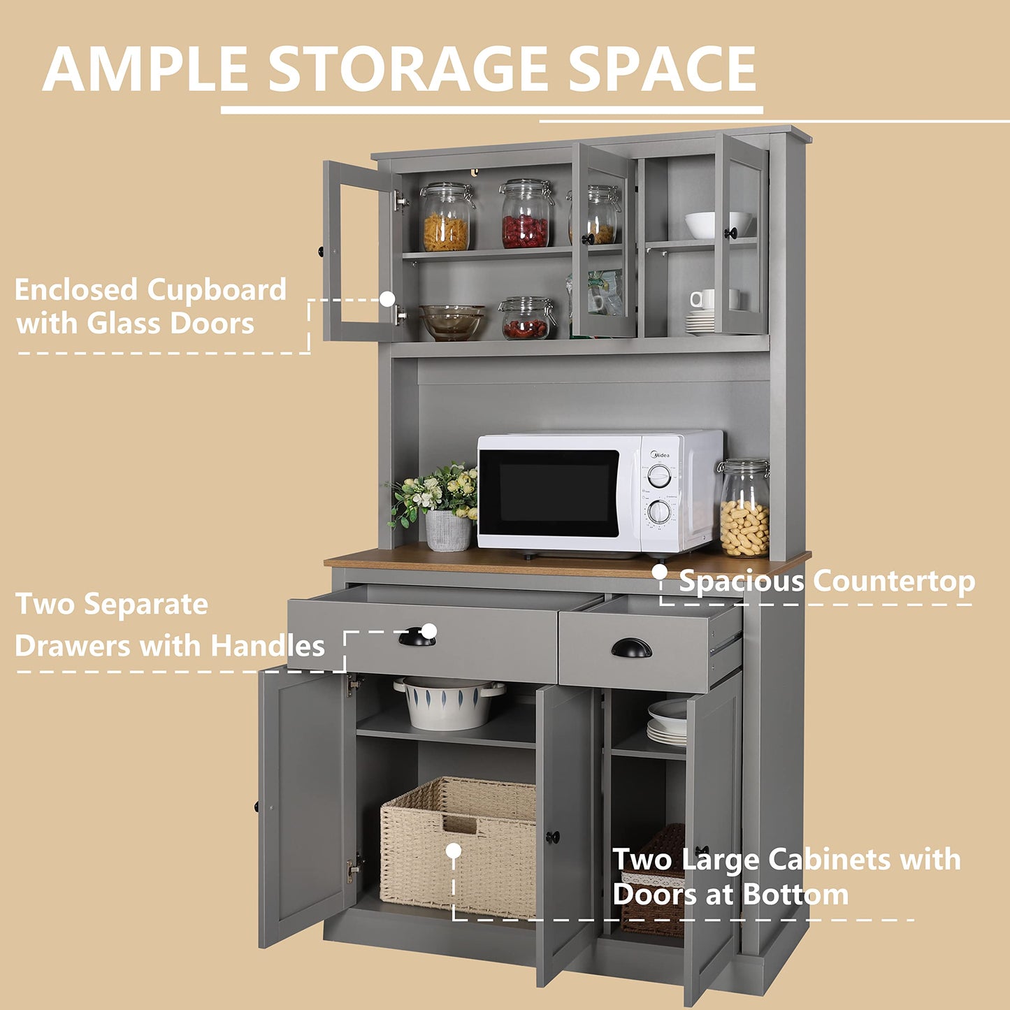 VEIKOU Kitchen Pantry Cabinet, 71" Buffet with Hutch, Freestanding Storage Cabinet with Adjustable Shelves & Glass Doors, Tall Cupboard Pantry Cabinet with Large Countertop, Grey - WoodArtSupply