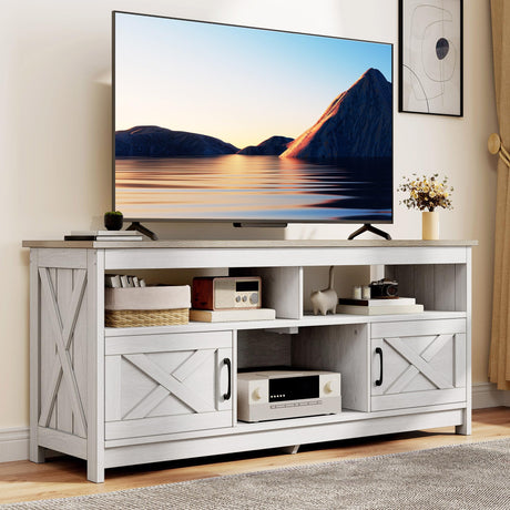 DWVO Farmhouse TV Stand for Television up to 65 Inch, Entertainment Center with Power Outlets and Open Shelf, Rustic TV Cabinet Media Console Table for Living Room, Grey White/Grey Wash, 59 Inches DWVO