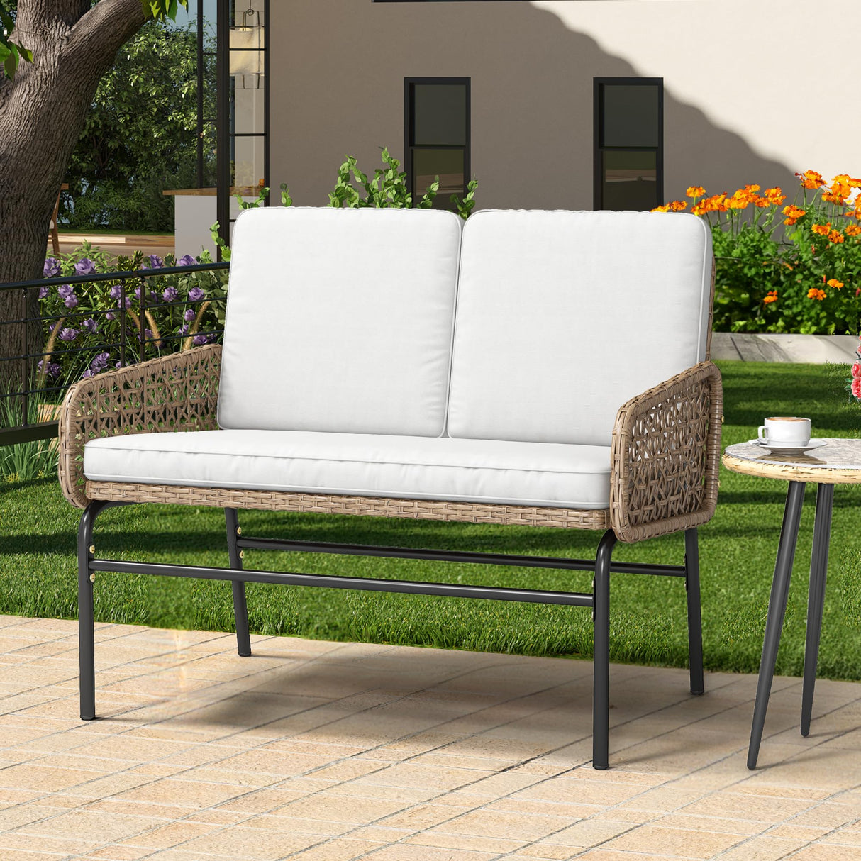 YITAHOME Patio Loveseat Wicker Outdoor Furniture, All Weather Rattan Conversation Loveseat for Backyard, Balcony and Deck with Soft Cushions, Light Brown+Beige YITAHOME