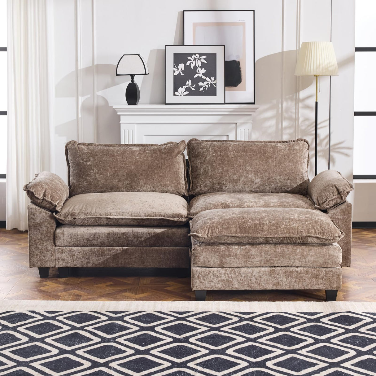 Karl home 87" Sectional Couch 2-Seat Deep Sofa Couch with Ottoman Modern L Shape Sectional Sofa Chenille Upholstered for Living Room, Apartment, Studio, Office, Light Brown Karl home