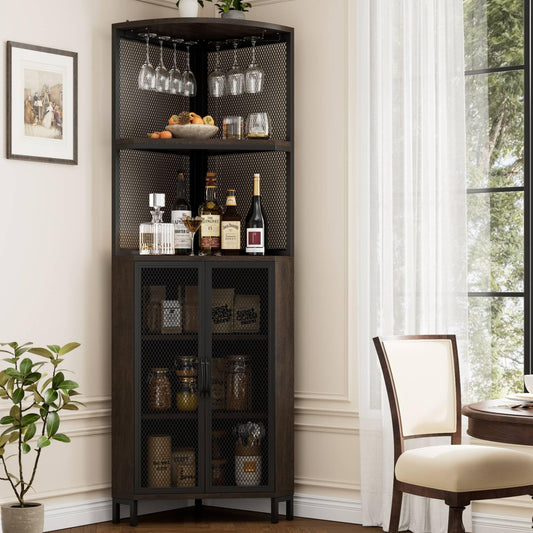 HITHOS 67" Tall Corner Bar Cabinet, Industrial Wine Bar Cabinet with Glass Holder, 6-Tier Liquor Cabinet with Adjustable Shelves, Corner Display Cabinet for Kitchen, Dining Room, Dark Brown - WoodArtSupply