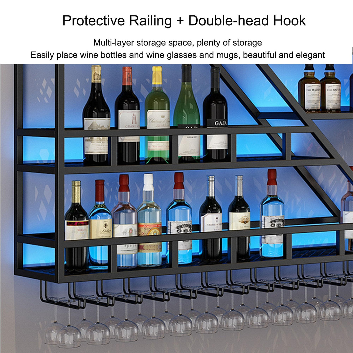 Wine Rack Wall Mounted Bar Shelves with Hanging Wine Glass Holder Rack and LED Light Liquor Bottle Display Shelf Floating Bar Shelves Whiskey Shelf Kitchen Wall Cabinet for Home Bar Cafe Dining Room ( JOSIAHCQ