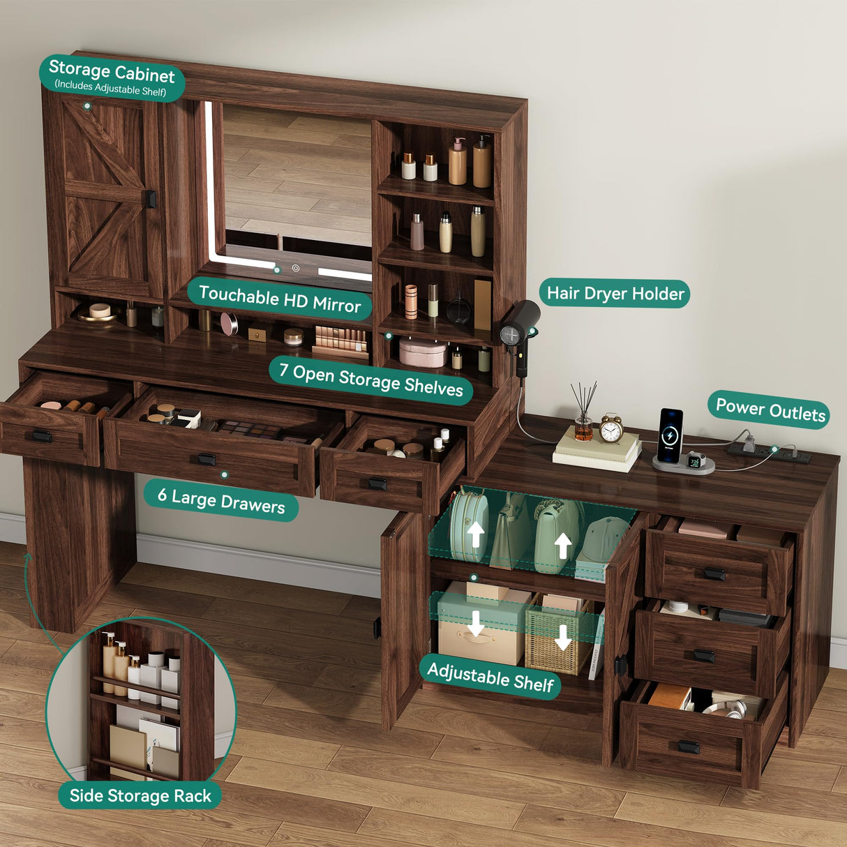 YITAHOME 68'' Farmhouse Makeup Vanity Desk with Mirror and Lights, 360° Rotation Big Modern Lighted Vanity Table with 6 Drawers & Lots Shelves, Rustic Large Dressing Table, Antique Brown YITAHOME