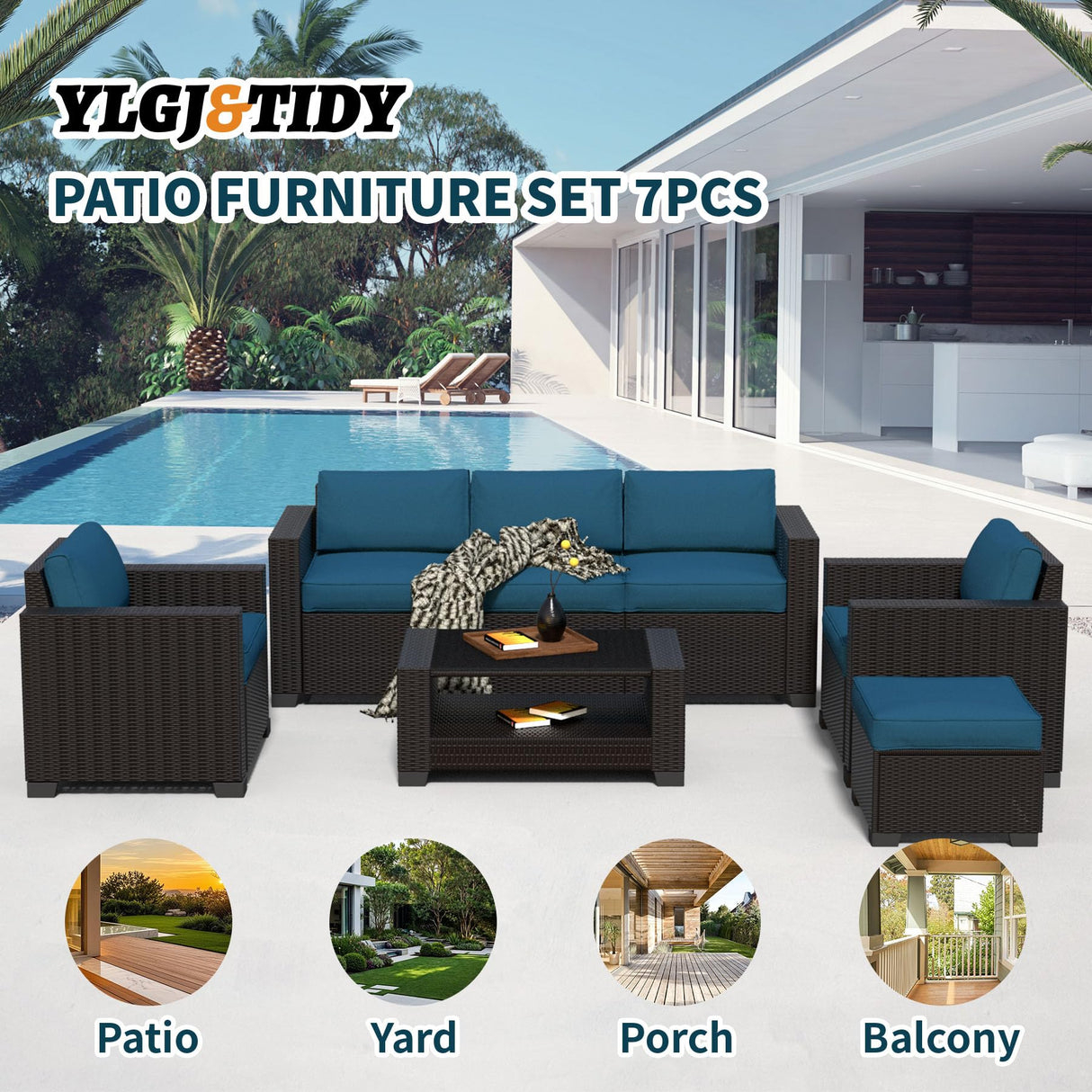 YLGJ&TIDY 7-Piece Outdoor Sectional Patio Furniture Set, All-Weather Wicker Rattan Sofa w/Thick Washable Cushions & Tempered Glass Table, Perfect for Garden, Poolside, Backyard (Darkbrown&Lake Blue) YLGJ&TIDY