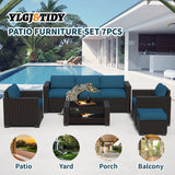 YLGJ&TIDY 7-Piece Outdoor Sectional Patio Furniture Set, All-Weather Wicker Rattan Sofa w/Thick Washable Cushions & Tempered Glass Table, Perfect for Garden, Poolside, Backyard (Darkbrown&Lake Blue) YLGJ&TIDY