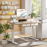 TIQLAB 48 * 28 Inch Standing Desk with Four Drawers, Electric Sit Stand Table, Stand Up Desk Adjustable Height with Storage Shelf, Splice Board, Maple TIQLAB