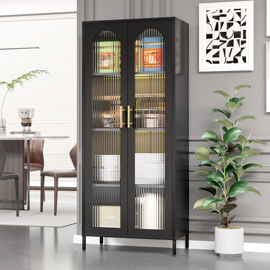 OSEILLC Kitchen Pantry Cabinet,Sideboard Buffet Cabinet,Display Cabinet with Glass Doors,Accent Cabinet with Adjustable Shelves,Metal Storage Cabinet for Dining Room,Pantry,Including 2 LED Li - WoodArtSupply