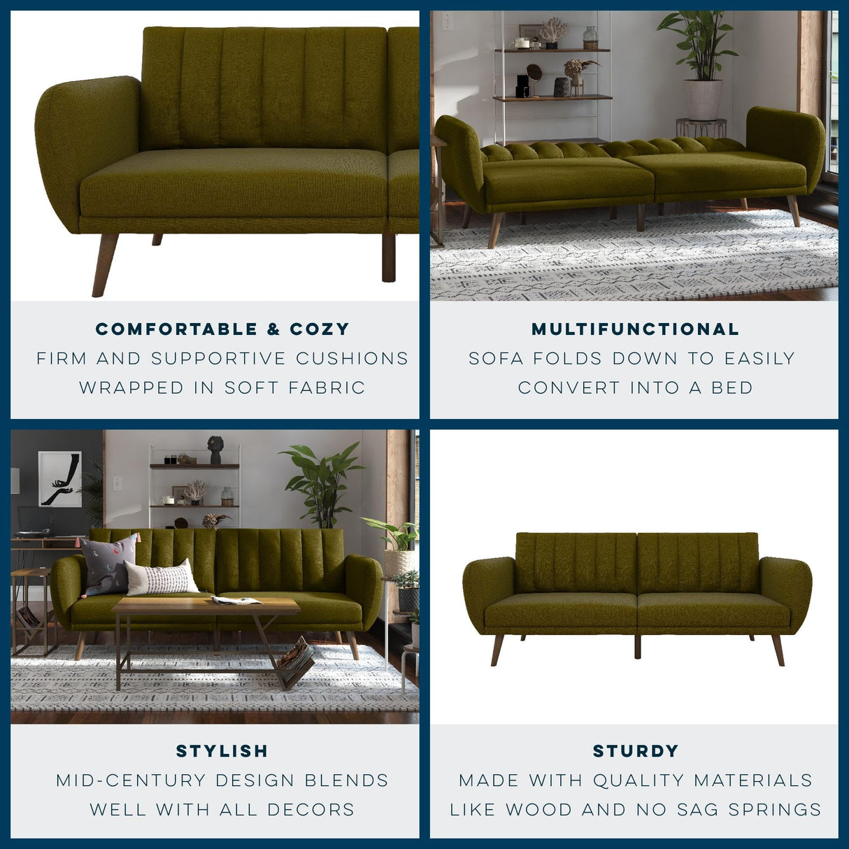 Novogratz Brittany Sofa Futon, Premium Linen Upholstery and Wooden Legs, Green Linen Novogratz