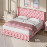 HOMBCK King Upholstered Bed Frame with Headboard, Faux Leather Platform Bed with Wingback Design, Modern Diamond Bed Frame with Tufted Deep Button, No Box Spring Needed, Easy Assembly, Pink HOMBCK