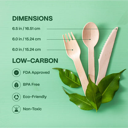 100% Compostable Cutlery Set - 300 Pieces Wooden Compostable Utensils [120 Forks, 90 Knives, 90 Spoons] - Disposable Wooden Cutlery, Eco Friendly Forks And Spoons Disposable Cutlery Set Party Utensils